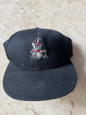 Port Authority Black Cap with Embroidered Cat in Red Accents